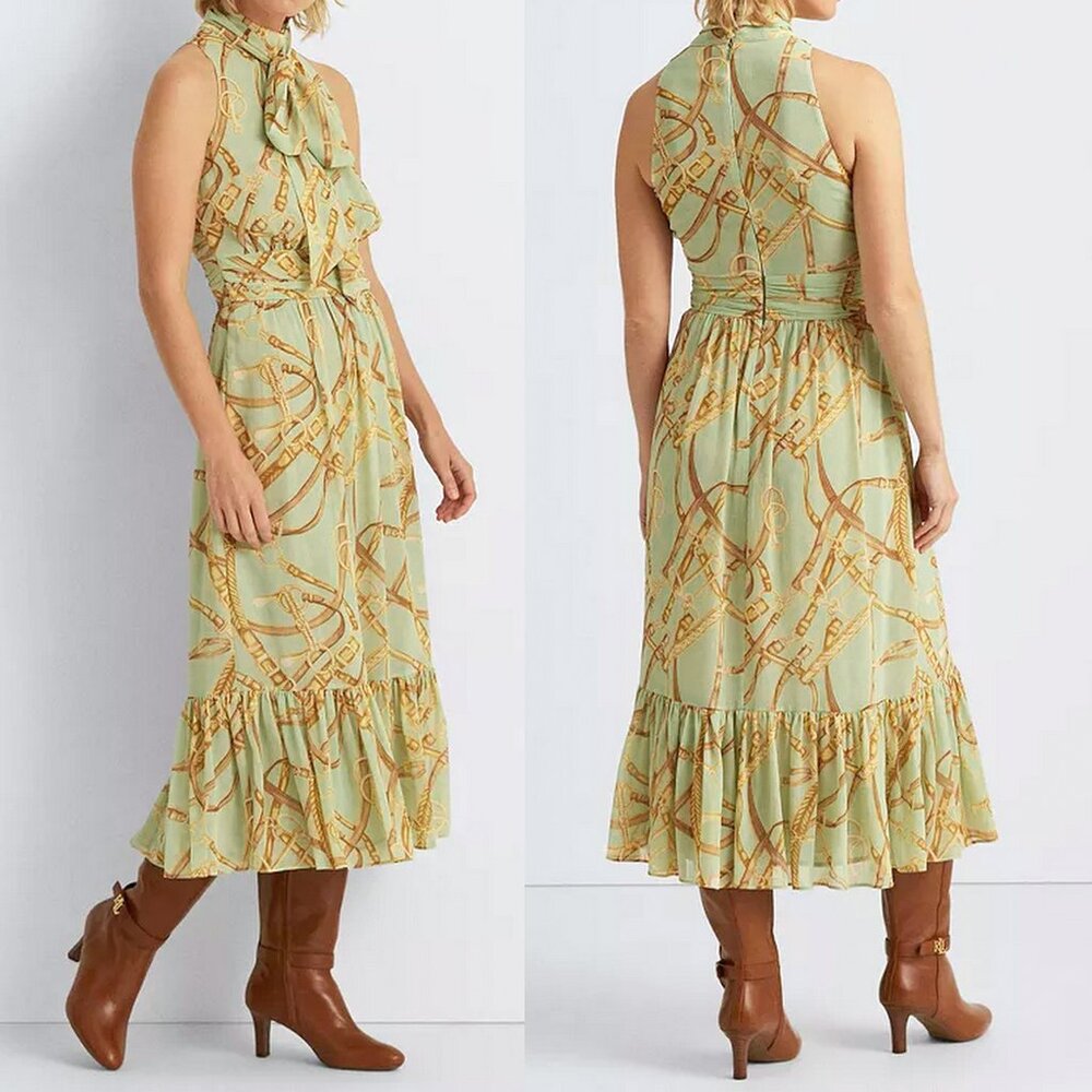 Lauren Ralph Lauren Equestrian Horse Bit Print Crinkle Georgette Dress